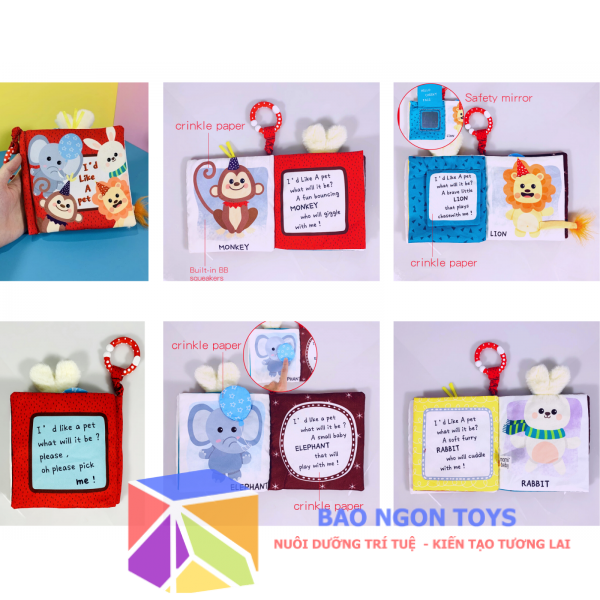 Đồ chơi sách vải mềm mại chủ đề động vật tích hợp nhiều tương tác giúp bé phát triển ngôn ngữ và giác quan - SV72