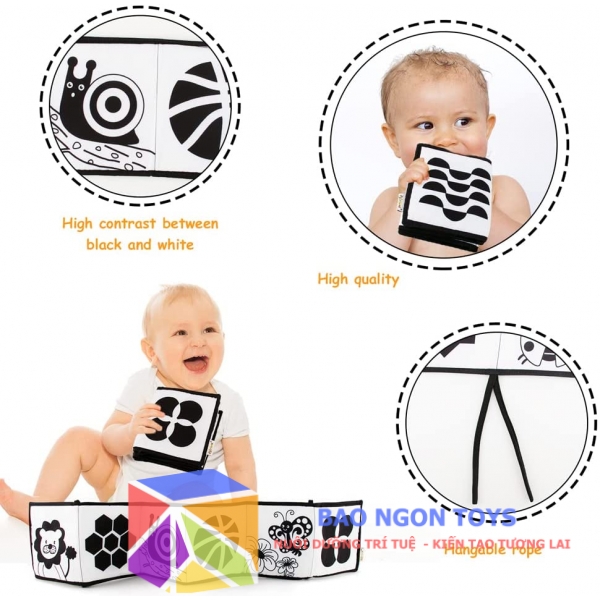 SÁCH VẢI KIÊM QUÂY CŨI 2 TRONG 1 GIÚP KÍCH THÍCH THỊ GIÁC CHO BÉ SƠ SINH TỪ 0 THÁNG - BAO NGON TOYS - SV75