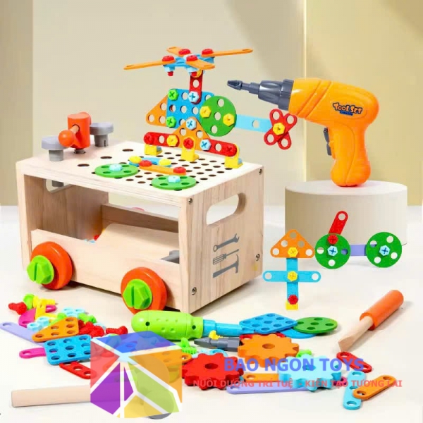 Đồ chơi Hộp Dụng Cụ Sửa Chữa Gỗ, Xe gỗ lắp ráp bánh răng giúp bé vui chơi và phát triển trí thông minh - DG360