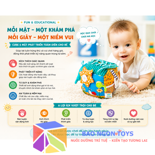 Khối Đồ chơi vải bận rộn đa năng tích hợp nhiều tương tác giúp bé vui chơi và phát triển vận động tinh – Món Quà Giáo Dục Đầu Đời Cho Bé Yêu DV130